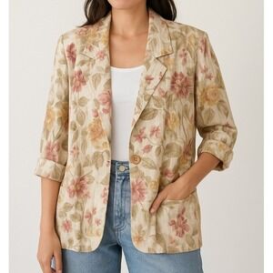 Laura Tyler Floral Blazer MEDIUM Beige Vintage 3/4 Sleeve Retro Overized Boho